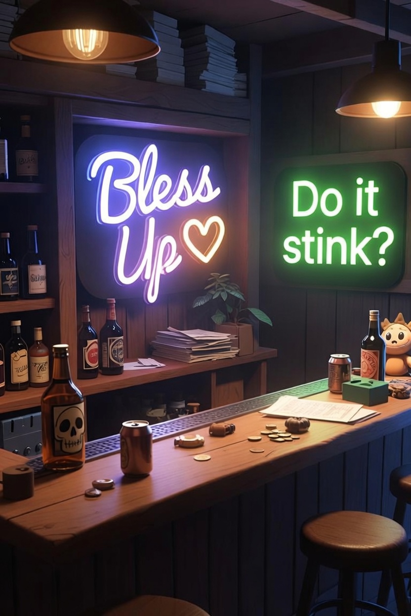 Doinks' bar — neon signs reading Bless Up and Do it stink?